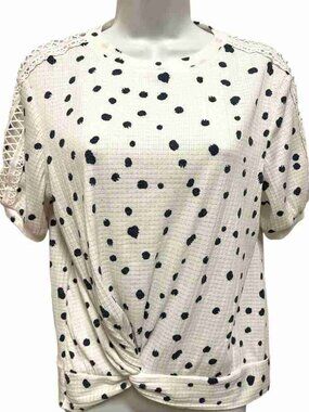 COMO Blu Navy Polka Dot Print Crochet Knot Crew Short Sleeve Top, Size Medium